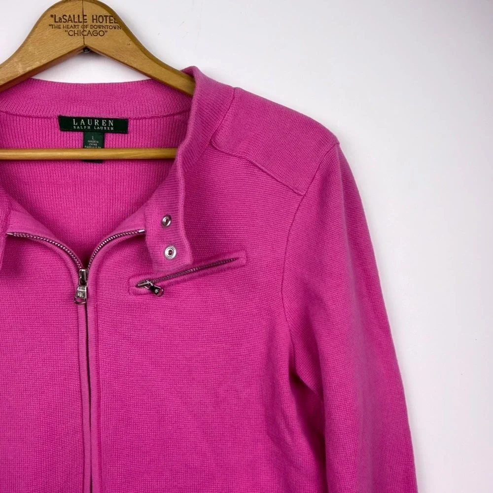 Lauren Ralph Lauren Pink Moto Full Zip Knit Cardigan Sweater Large